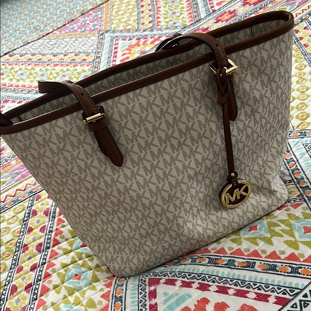 Michael Kors Cream and Brown Tote Bag with Textured Design